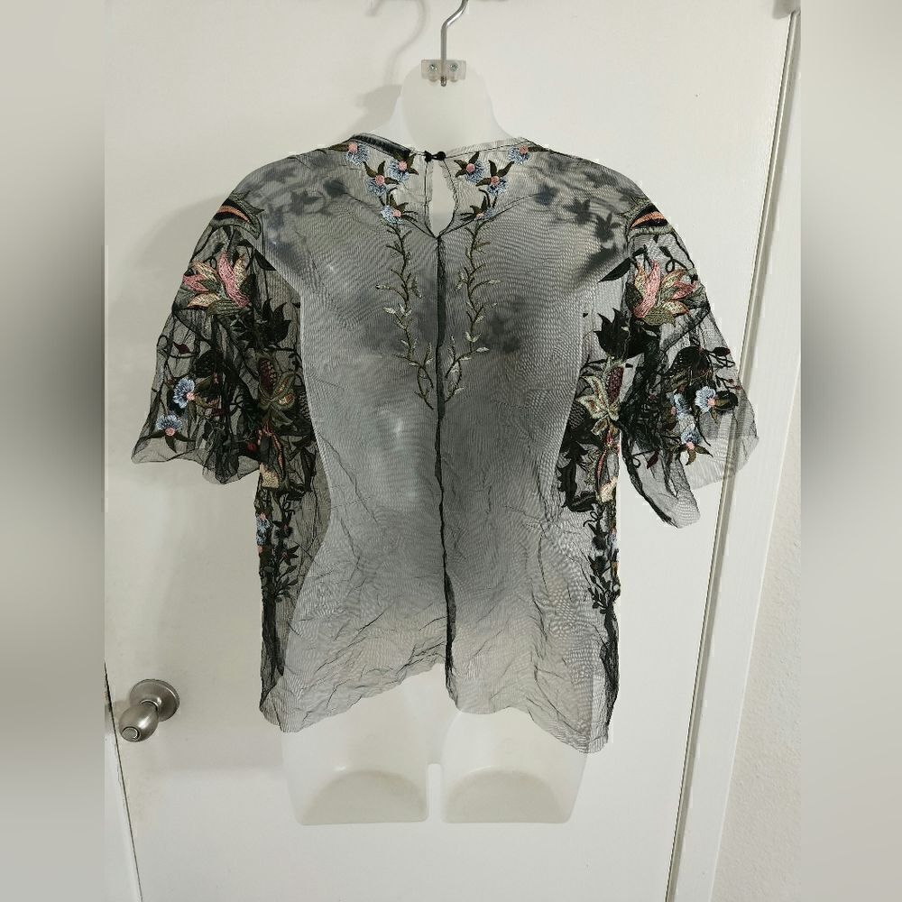 Zara Woman Black Floral Embroidered Tulle Blouse Womens Size Medium - Picture 12 of 12